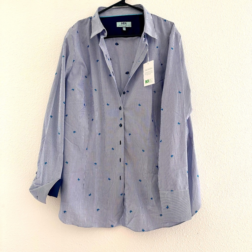 Hawes&Curtis Fitted women’s Shirt blue strips with Butterfly embroidery